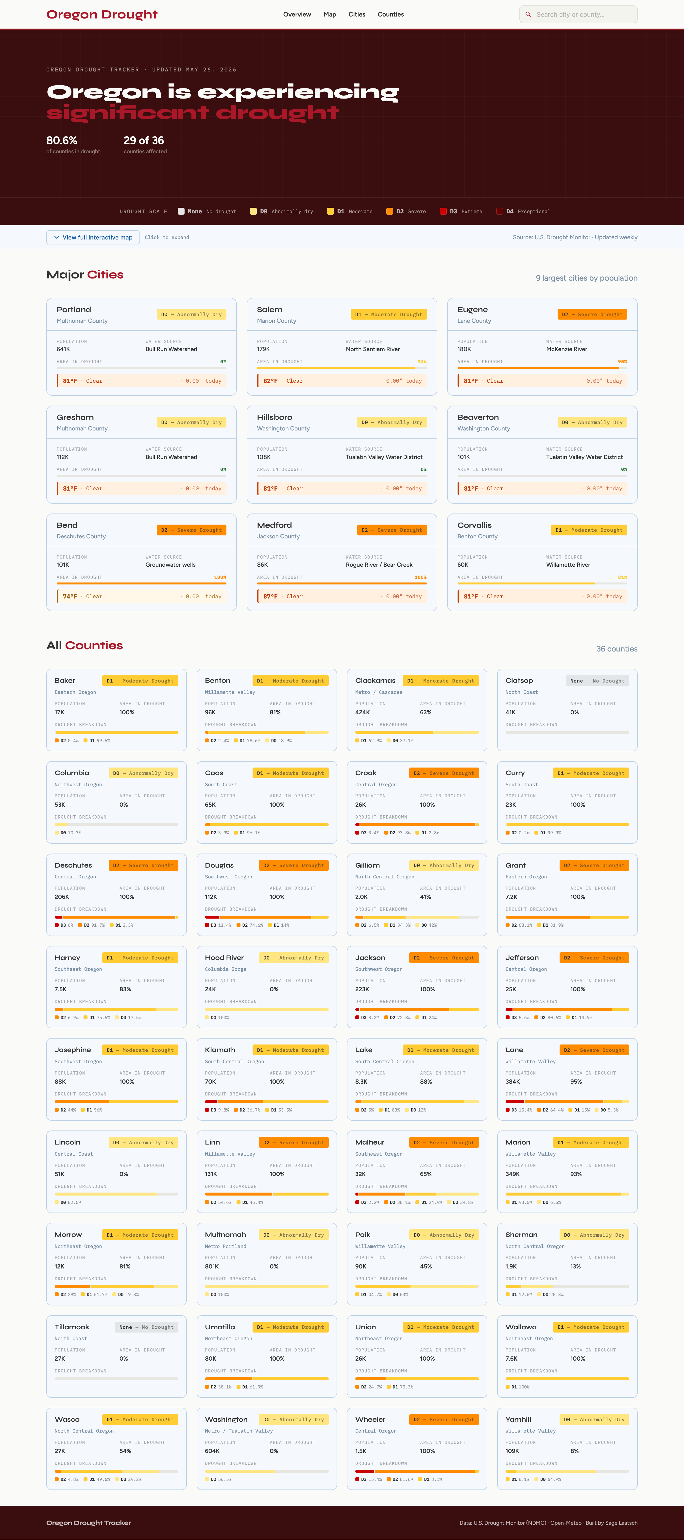 Screenshot of the Oregon Drought Tracker page